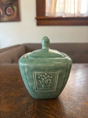 Pfaltzgraff Green Covered Sugar Bowl with Floral Relief